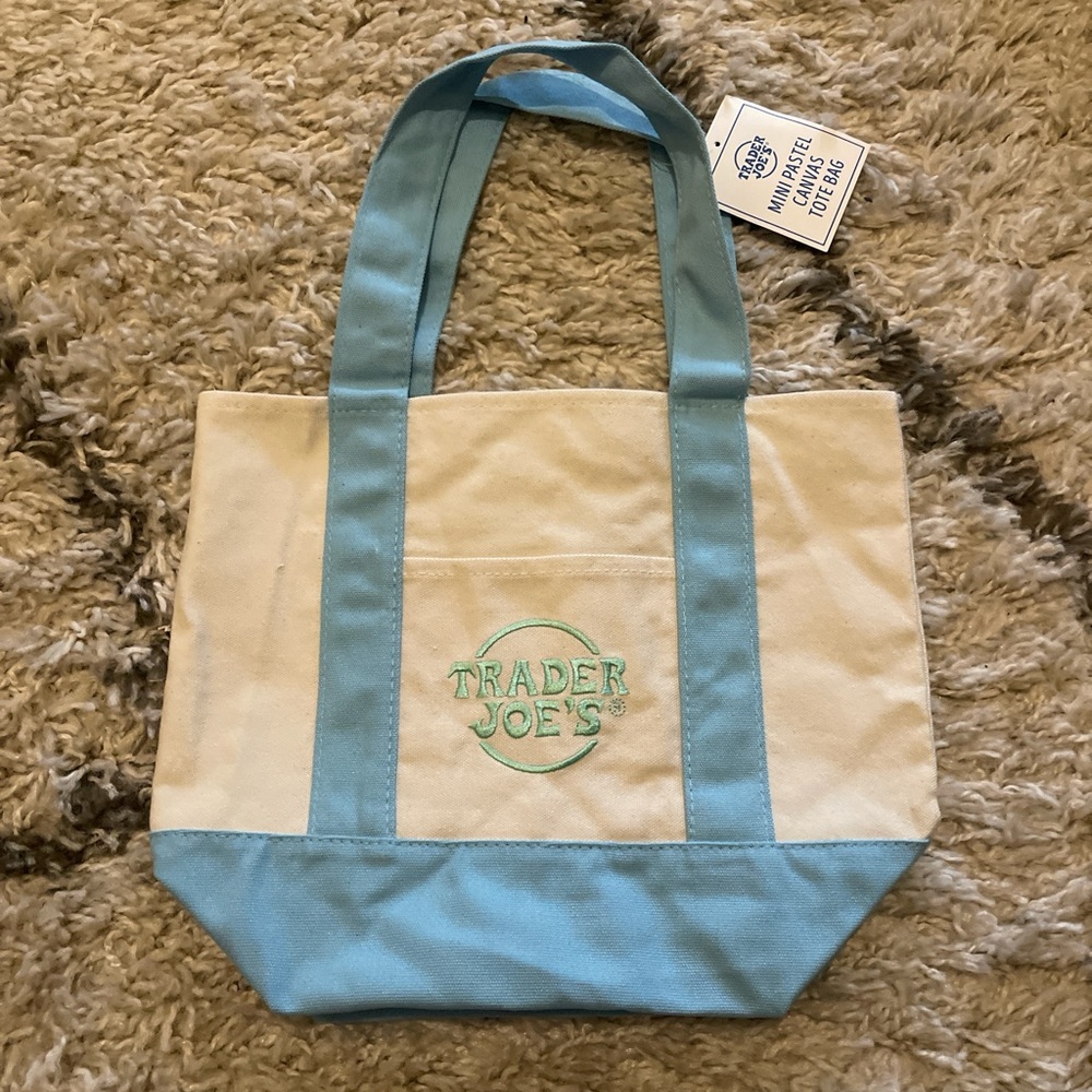 Trader Joe's Mini Pastel Canvas Tote Bag in Blue with Green Embroidery